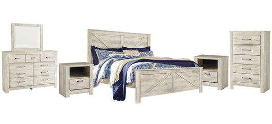 Bellaby  Crossbuck Panel Bed With Mirrored Dresser, Chest And 2 Nightstands