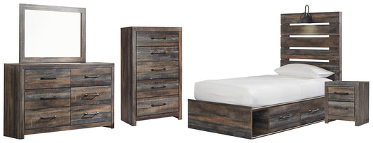 Drystan Twin Panel Bed with 4 Storage Drawers with Mirrored Dresser, Chest and Nightstand